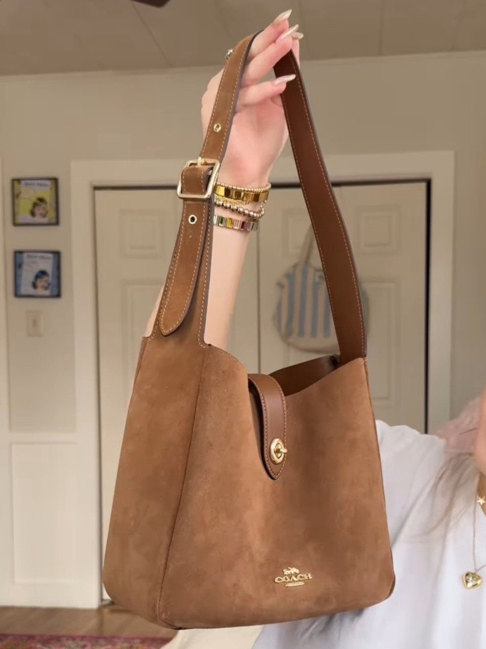 Coach Brown Suede Hadley Shoulder Bag with Gold Hardware